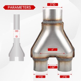 FGJQEFG T409 Stainless Steel Y Pipe 3'' Inch ID Single to 2'' Inch ID Dual Stamped Exhaust Adapter Connector, Overall Length: Approx. 10", Universal