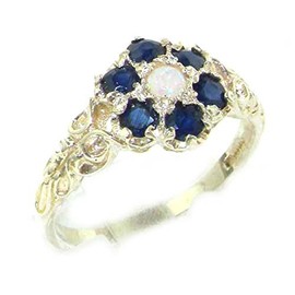 Victorian Ladies Solid Sterling Silver Natural Fiery Opal & Sapphire Daisy Ring Size V September Birthstone Engagement Ring