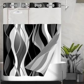 Nkzply No Hook Shower Curtain with Snap in Liner Black Striped Shower Curtain and Liner Set White Shower Curtain Liner Modern Fabric Shower Curtain with See Through Top Window Washable, 71 x 74 Inch