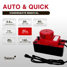 Taiace Professional Condensate Pump 115V/120V, 92GPH Flow & 20ft Lift, Auto Safety Switch for HVAC/AC/Dehumidifier/Furnace, Quiet with 20ft Tubing & 2 x Hose Clamp