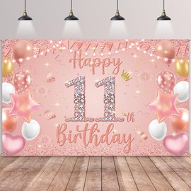 Happy 11th Birthday Decorations Banner - Pink Rose Gold Decoration Backdrop Photography Background, Fabric Sign Poster for 11 Years Old Girls Birthday Party Supplies