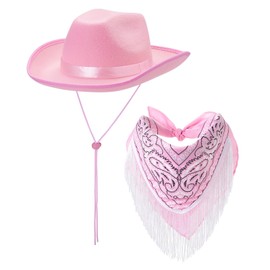 Western Cowboy Hat and Bandana Set Wide Brim with Sequins Cowgirl Hats & Tassel Scarf for Cosplay Party Dress Up (Pink, 16.61 * 12.91 * 5.59inch)