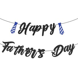Happy Father’s Day Banner – Pre-Strung Black Letter Glitter Garland with Blue Tie Cutouts for Dad Appreciation, Father’s Day Party Decorations, Home Décor