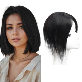 Meiverah Middle Part Clip in human hair Toupee Hand Made No Bangs Naturally Looking Hairpiece With Breathable Mesh Base for Women Topper for Thicking Hair (Natural Black, Swissnet 3.5"x3.9", 10")