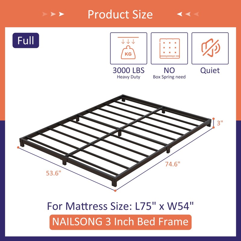 Nailsong 3 Inch Bed Frame Full Low Profile, Full Size