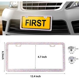 Diamond License Plate Frame,Luxury Clear Glass Crystal Rhinestone Bling License Plate Frame, Thin Border Stainless Sparkly Bedazzled License Plate Frames for Women Cute with Anti Theft Screw