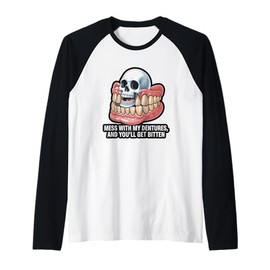 Funny Dentures Skull Humor Get Bitten Quote Raglan Baseball Tee