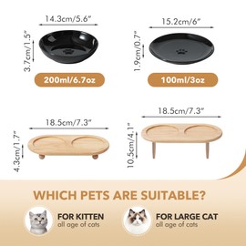 Havniva Raised Ceramic Cat Dishes, Food& Water Bowl with 2 Style Stand Adjustable Raised Pet Bowl Set, Anti Whisker Fatigue(2Dish+2Shallow Dish+Stand, Black
