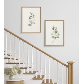 Kate and Laurel Sylvie Eucalyptus Framed Linen Textured Canvas Wall Art Set by Maja Mitrovic of Makes My Day Happy, 18x24 Natural, Sophisticated Botanical Art for Wall