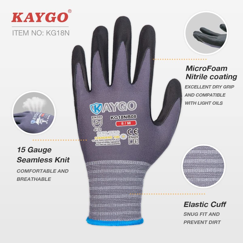 KAYGO Safety Work Gloves MicroFoam Nitrile Coated-KG18NB,Seamless Knit Nylon Glove