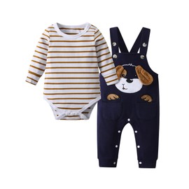 Baby Boy Newborn Outfits Infant Romper Cartoon Overall Adjustable Suspenders Pants Fall Winter Set Brown 0-3 Months