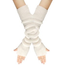 LERTREE Women Girls Knit Cashmere Blend Gloves Long Arm Warmers Elbow Warmers Fingerless Mittens with Thumb Hole (White)