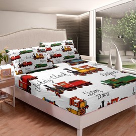 Vintage Train Bedding Set Twin Size for Kids Boys Girls Room Decor - 3Pcs Cartoon Car Fitted Sheet, Top Flat Sheet, 1 Pillowcase - Transportation Vehicles Yellow Red Green