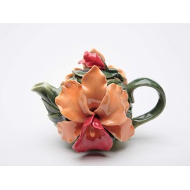 Fine Porcelain Orange & Red Color Orchid Flower Teapot, 6-1/4" L