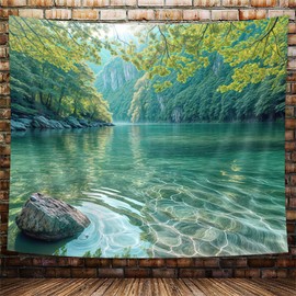 Xiaoput Nature Tapestry, Green Tree Forest Wall Hanging Tapestries Home Decor, Stream Through Rainforest Landscape Scenic Stone River Wall Art Tapestry for Bedroom Living Room 60X40IN