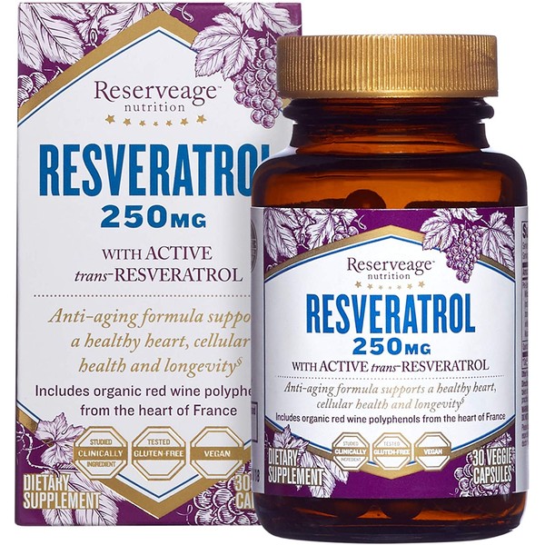 Reserveage, Resveratrol 250 mg, Antioxidant Supplement for Heart and Cellular Health, Supports Healthy Aging, Paleo, Keto, 30 Capsules