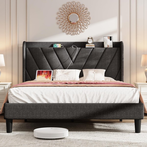 koorlian Queen Bed Frame with Headboard, Adjustable Upholstered Platform Bed