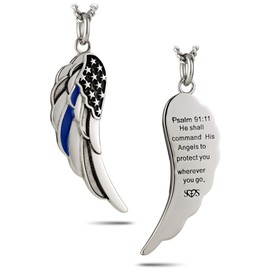 Stainless Steel Angel Wing-Thin Blue Line Necklace -Ps 91:11