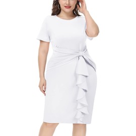 Hanna Nikole Women's Front Slit Vintage Bodycon Ruffle Business Formal Work Pencil Dress 22W White