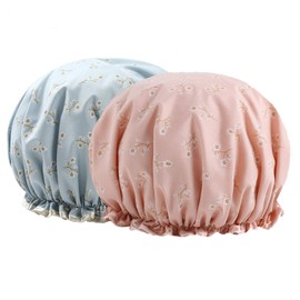 2 Packs Women Double layer Shower Cap Waterproof Elastic Bath Cap With Pattern for Women Shower Spa Salon
