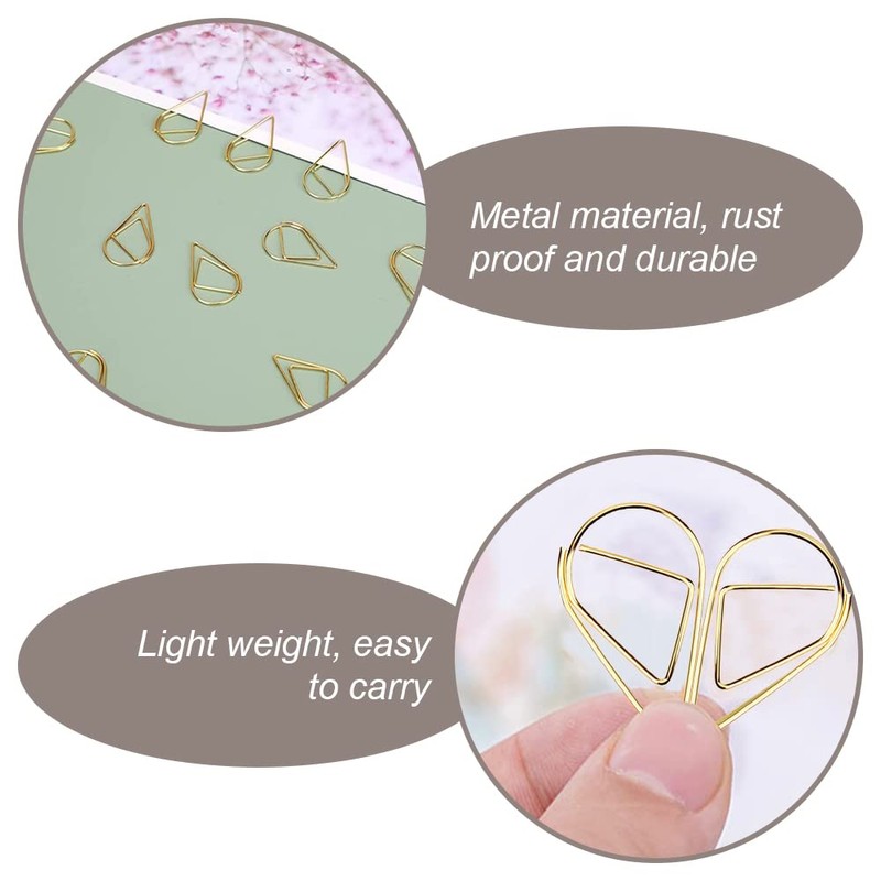 100 Pcs Stainless Steel Golden Paperclips Hollow Waterdrop Shape Paperclips