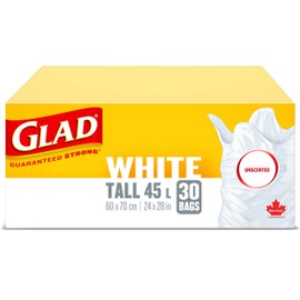 Glad White Garbage Bags - Tall 45 Litres - Unscented, 30 Trash Bags, Made in Canada of Global Components