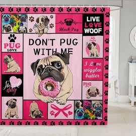 Cartoon Pugs Kids Pets Shower Curtains,Girls Boys Adults Room Decor,Dog Paws Print Cute Bathroom Curtains,Geometric Plaids Patchwork Pink Colorful Waterproof Curtains,12 Hooks Suits,72" W x 72" L