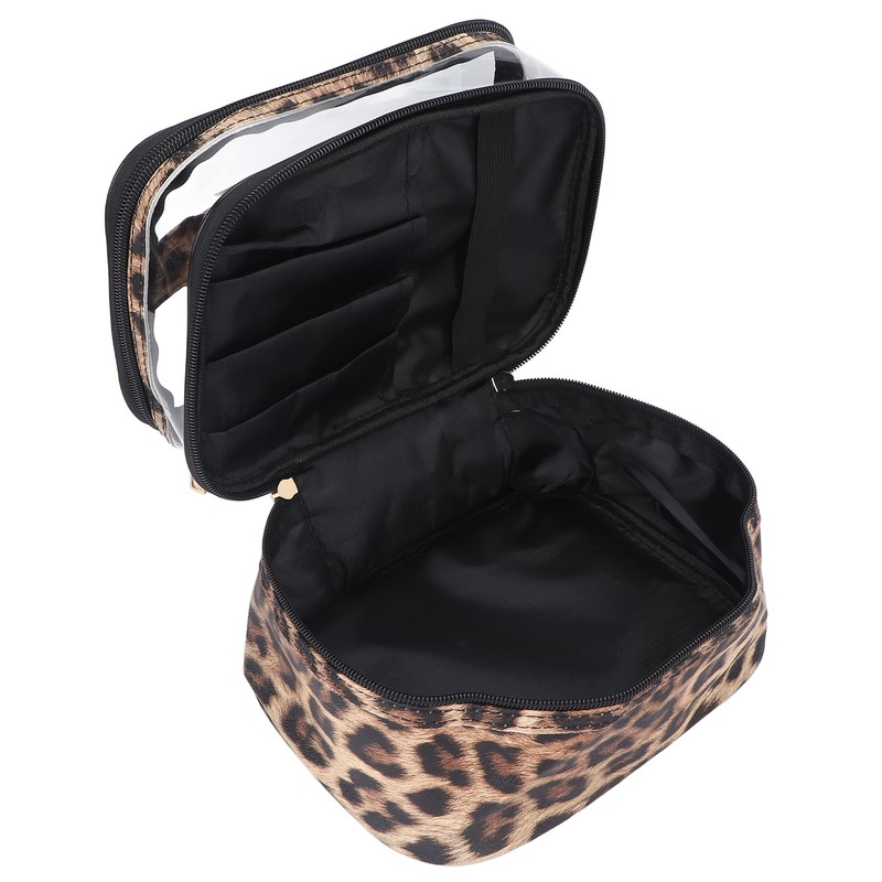 Double Layer Cosmetic Bag PVC Leopard Print Design Portable Large