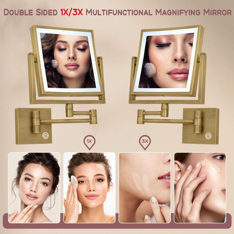 RECKODOR Square Wall Mounted Makeup Mirror with Lights and Magnification,
