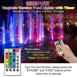 CREPOW RGB Pond Lights with Timer, LED Underwater Submersible Colorful Landscape Spotlights, 98ft Remote Control IP68 Waterproof Fountain Lights for Fish Aquarium Tank Garden Yard Pool (Set of 2)