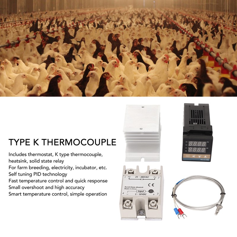 Farm Temperature Control Set 100‑240V Thermostat Type K Thermocouple Heatsink