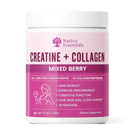 Native Essentials Creatine for Women – 5g Creatine Monohydrate + 5g Collagen Peptides to Support Workout Performance, Lean Muscle, Glute Growth, and Healthy Hair, Skin & Nails. 30 Serv. Mixed Berry.