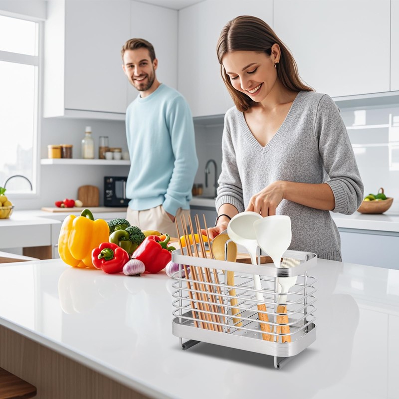 Stainless Steel Utensil Holder, Cutlery Organizer - Rust-Resistant Sink Drainer