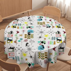 Kurtect Mid Century Tablecloth,Abstract Geometric Vintage Cute Cat Modern Art Round Table Cover for Indoor Outdoor Party Picnic Dining Room Kitchen Table Cover Home Decoration 36in