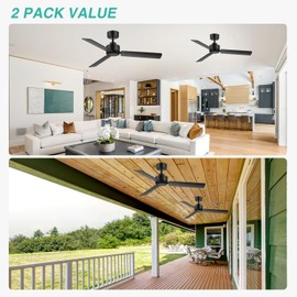 Breezary 2 Pack 48 inch Ceiling Fans without Light, Black Ceiling Fan No Light with Quiet Reversible DC Motor, 6 Speeds, 3 Blades, Modern Ceiling Fans for Patio Living Room Bedroom Indoor