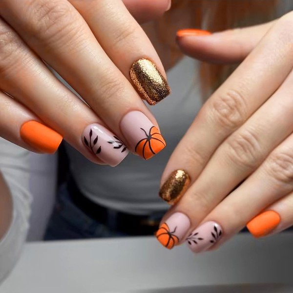 24pcs Autumn Press on Nails Short Square Fake Nails with