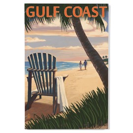 Lantern Press 12x18 Inch Premium Wood Sign, Ready to Hang Wall Decor, Gulf Coast, Adirondack Chairs and Sunset
