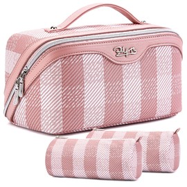 BOYATU Travel Makeup Bag Organizer Cosmetic Bag: 3 Pcs Set Make up Bags for Women with Handle - Waterproof Vegan Leather Toiletry Bags Travel Essentials Pouch with Compartments (F-03-Pink)