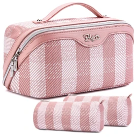 BOYATU Travel Makeup Bag Organizer Cosmetic Bag: 3 Pcs Set Make up Bags for Women with Handle - Waterproof Vegan Leather Toiletry Bags Travel Essentials Pouch with Compartments (F-03-Pink)