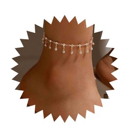 Inilbran Boho Crystal Pendant Ankle Bracelet Diamond Pearl Drop Anklet Bracelet Rhinestone Fringe Chain Anklet Gold CZ Tassel Anklet Jewellery for Women and Girls, Crystal