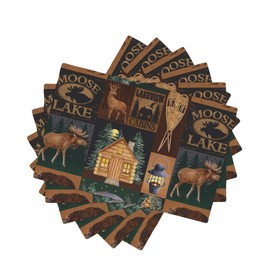 Rustic Lodge Bear Moose Deer Placemats Set of 6, Vintage Cabin Pine Cone Place Mats, Heat Resistant Non Slip Cotton Linen Dining Table Mats for Home Party Kitchen 12X18inch