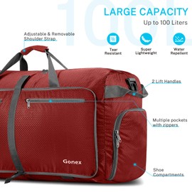 Gonex Lightweight Fold Away Travel Luggage 40/60/80/100/150L Duffel Bags Overnight Bags Gym Bag for Travel Sports Gym Holidays, red, 100L