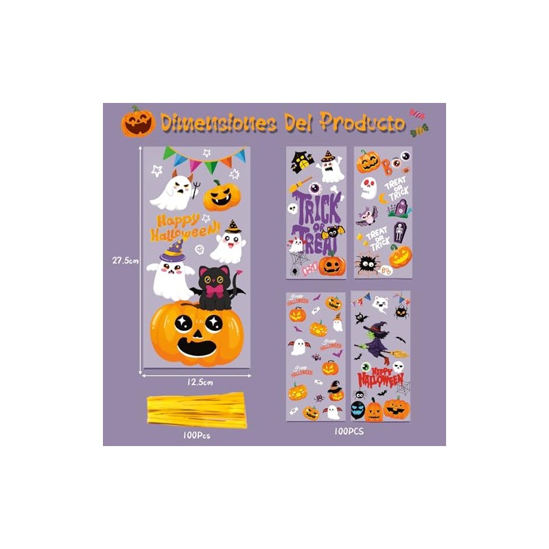 Yakiter 100Pcs Bolsas de Celofán para Halloween,Embalaje Bolsa de Halloween,5