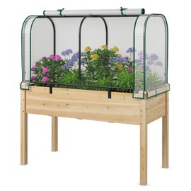 Giantex Raised Garden Bed with Cover, Wood Elevated Planter Box with Legs & Mini Greenhouse, Waterproof Sun-Protective PE Green House Cover, Outdoor Use for Fruit Vegetable Flower Herb (White+Natural)