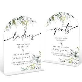 2 Pcs Greenery Wedding Bathroom Ladies & Gents Signs, 6 x 8 Inch White Arch Acrylic Wedding Sign with Holder, Wedding Sign for Ceremony and Reception, Wedding Decoration, Wedding Supplies - LY32