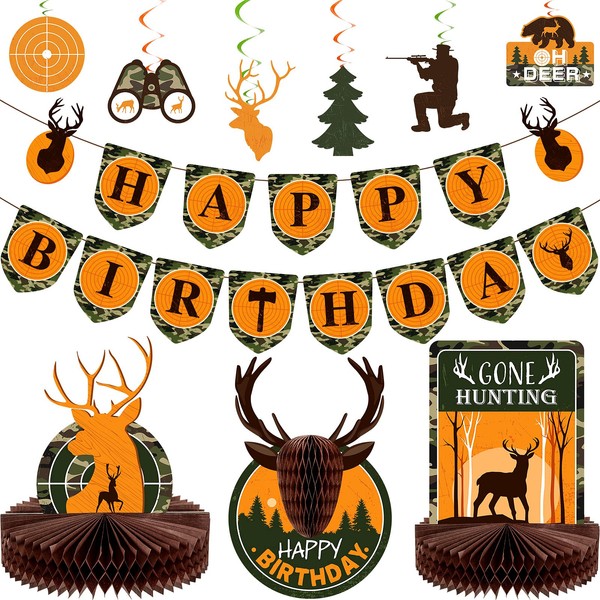 Set of 16 Happy Birthday Party Hunting Banner Table Decoration Honeycomb Hunting Colourful Swirls Cards Bear Oh Deer Tree Green