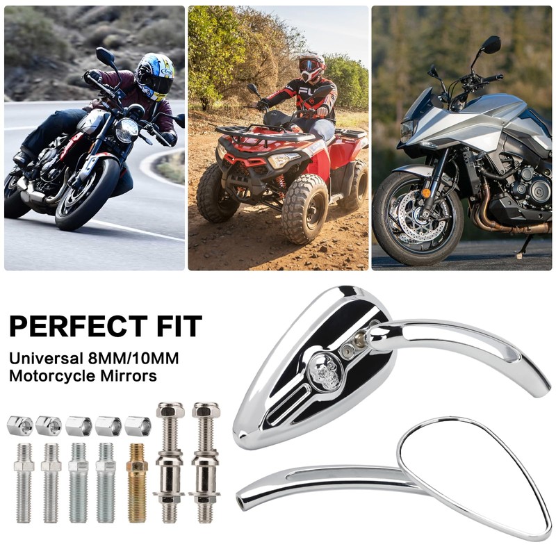 RIDLOG Universal Motorcycle Skull Teardrop Rearview Side Mirrors, 8mm &