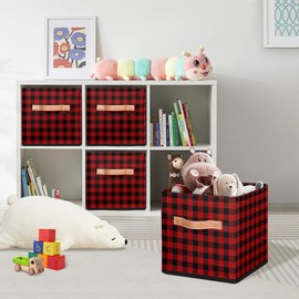 Mozaigos 11 Inch Fabric Storage Cube with Handles, Red Buffalo Plaid Collapsible Storage Basket for Shelves, Square Storage Bin Canvas Closet Organizer for Decor