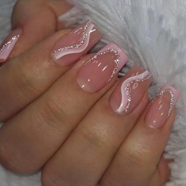 Press On Nails Short Ballet, Cute Design Fake Nails, Beautiful Bow Stick On Nails, Glitter Pearl Glue on Nails on 24PCS (Pink French Glitter)
