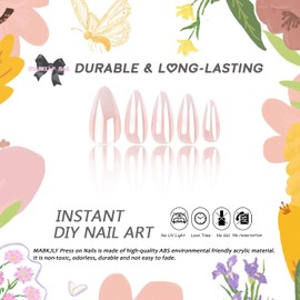 Handmade Press on Nails Medium Almond MABKJLF Chrome Fake Nails Pink Full Cover White False Nails with Nail Glue Flash Glossy Glue on Nails Acrylic Nails Artificial Nails for Women Girls 24Pcs